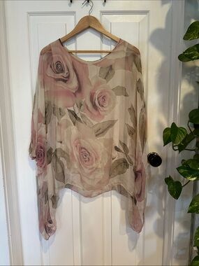 100% Silk Italy rose floral blouse Dolman sleeve blouse garden party, Feminine